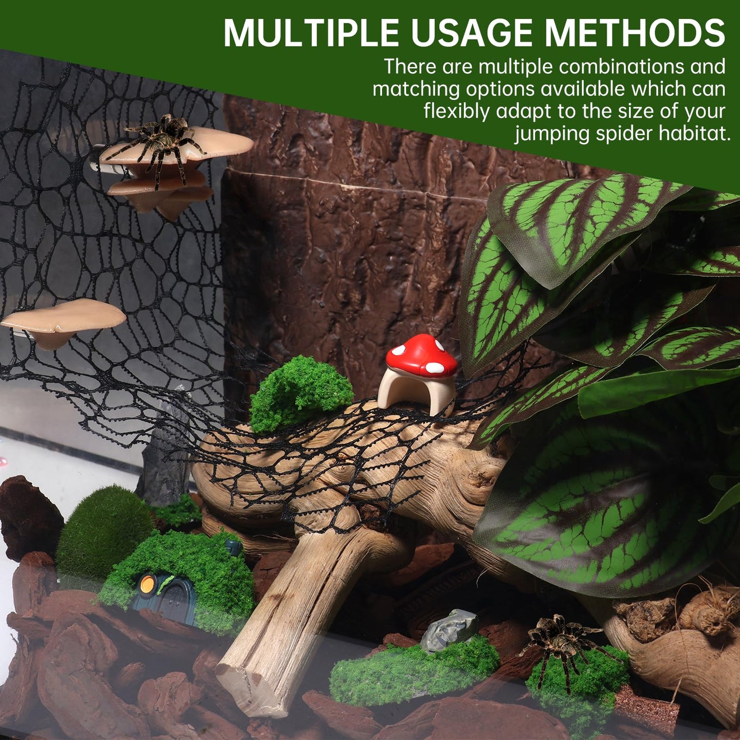 15 Pcs Jumping Spiders Hide Accessories, Jumping Spider Bridge Web Net, Mini Mountain Pond Trees Lawn Figurines Garden Mushroom Platform Decorations for Jumpings Spider Habitat Tank Enclosure Decor