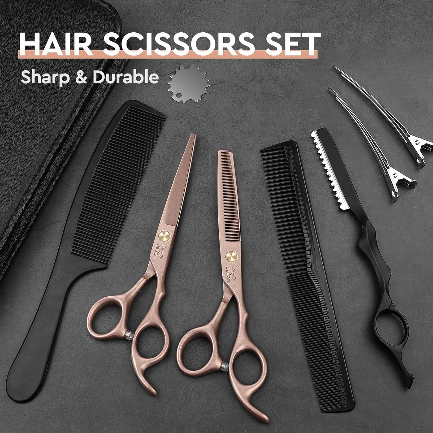 JASON Hair Cutting Scissors Set - 10-Piece Thinning & Texturizing Shears for Men & Women | Rose Gold 6.0"