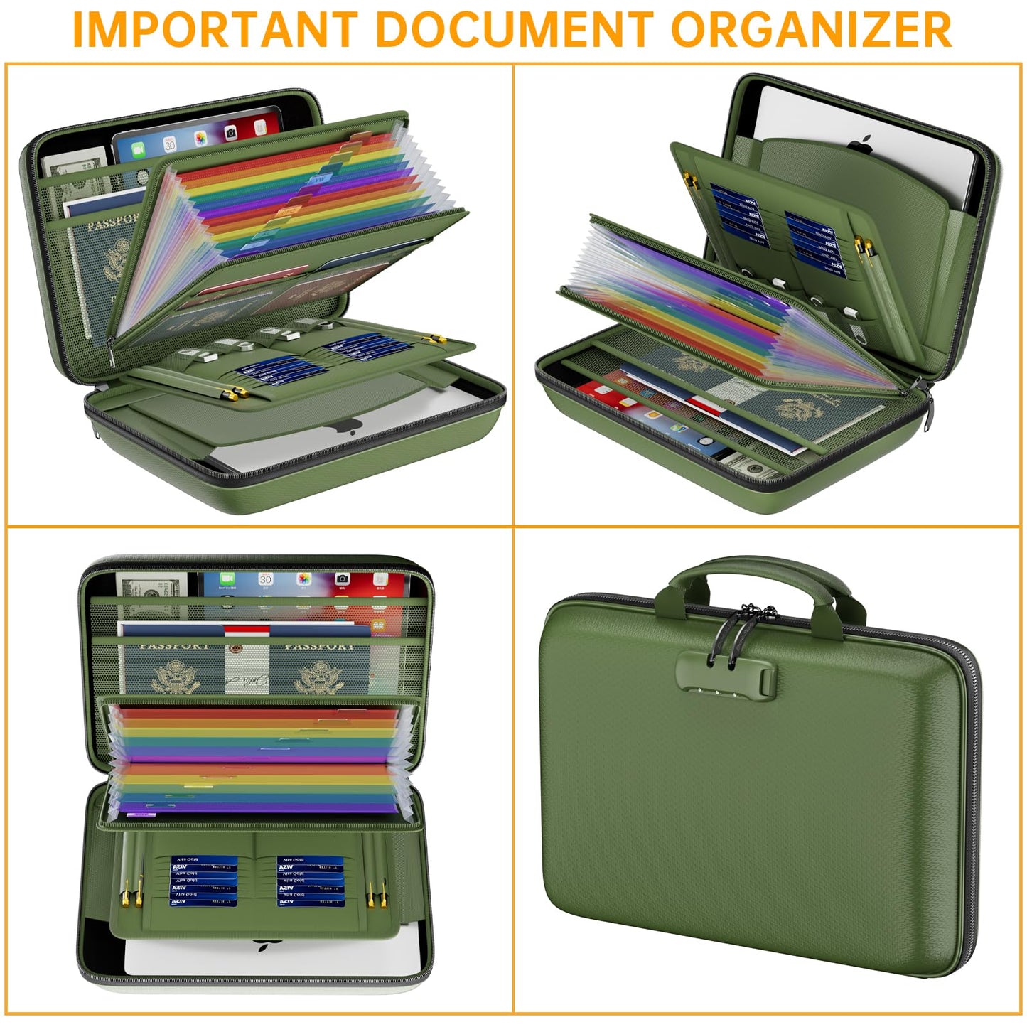 DocSafe Fireproof File Organizer with Lock, Hard-Shell Case Fireproof Document Box with 13 Pocket Accordion File Folder, Portable Home Office Travel Safe Storage for Important Documents Laptop Green