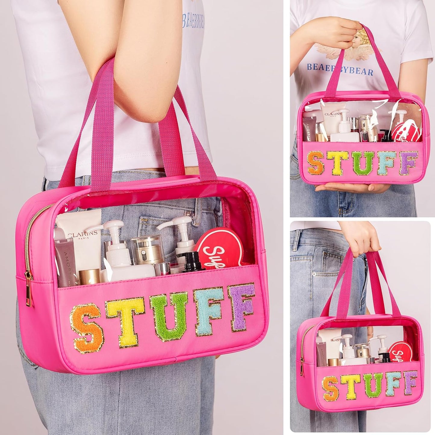 Chenille Letter Patch Makeup Bag - Waterproof Clear Travel Toiletry Bag with Handle | Large PVC & Nylon Storage for Women