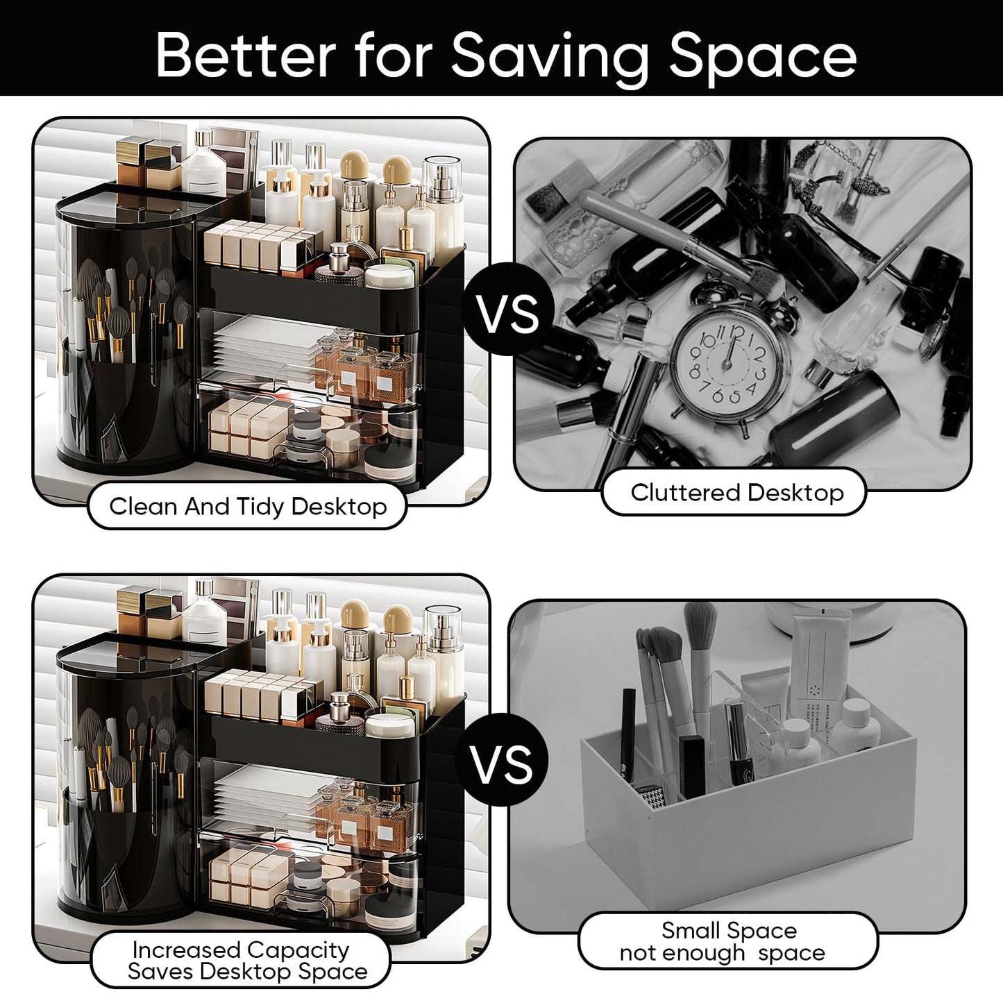 TIMBERHIDE Makeup Organizer,Rotating Cosmetic Storage Organizer with Drawers,Large Capacity Makeup Brush Holder,Skincare Vanity Organizer for Bathroom Countertop,Black