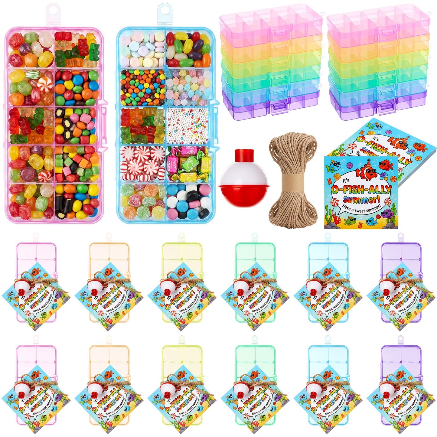 Teyva Daily End of Year Gifts for Students from Teacher Bulk Fishing Party Favors Little Tackle Boxes with Cards End of School Year Gifts Preschool Kindergarten Rewards (Colorful,Square,24 Set)