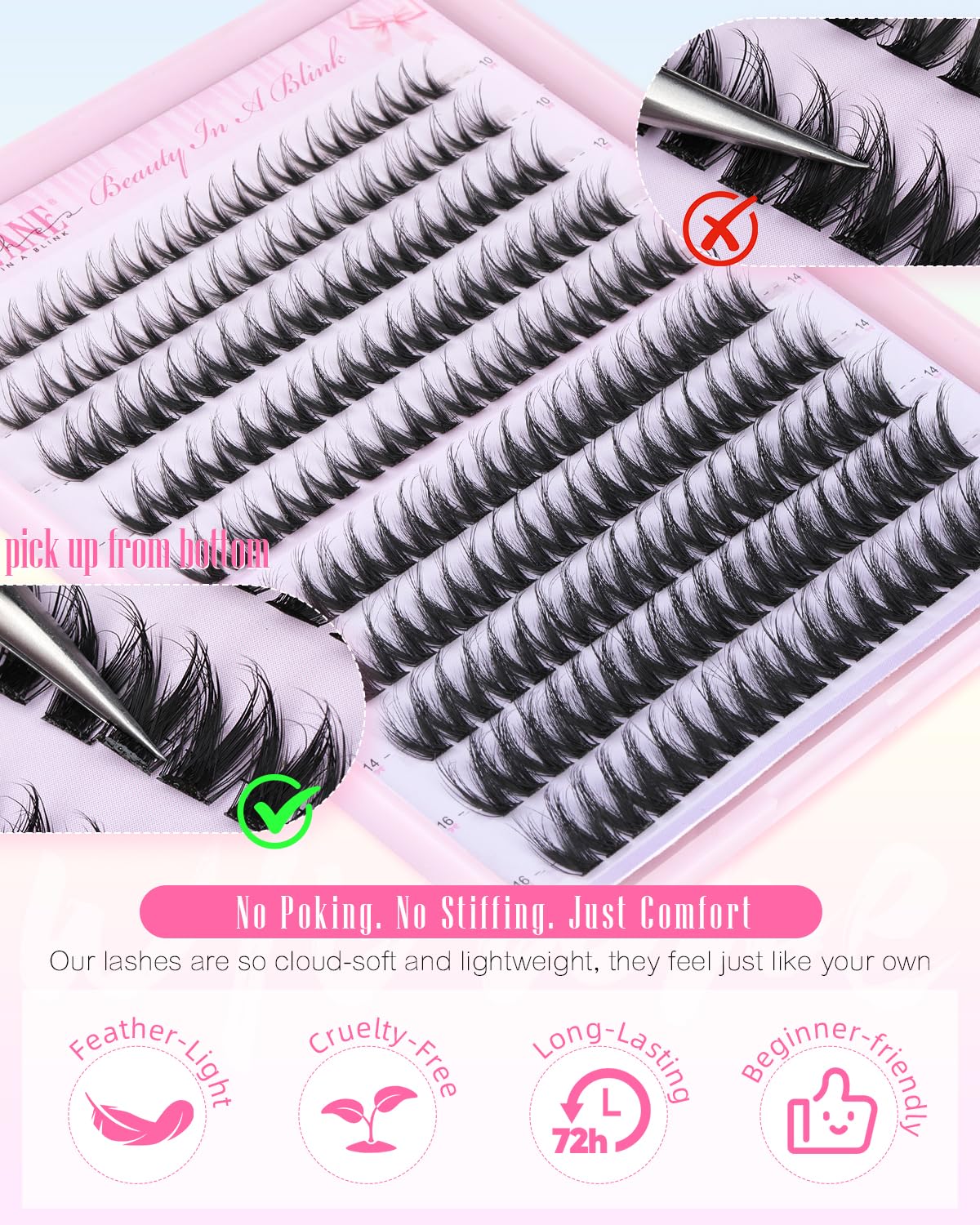 Wtvane Wispy Lash Clusters Fluffy Eyelash Cluster Natural 10-16MM Clusters Eyelash Extensions 200Pcs Fairy Lashes Clusters CD Curl Individual Lashes Cluster with Thin Band Spider Lash Clusters