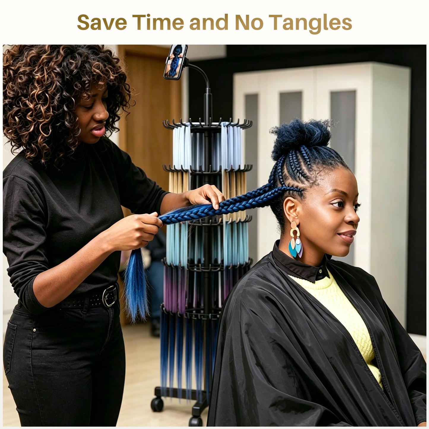 Braiding Rack, SouStoCol Braiding Hair Rack With 140 Pegs, Tray and Wheels, Adjustable Braiding Rack Stand for Hair with Phone Holder for Displaying and Separating Hair (Black)