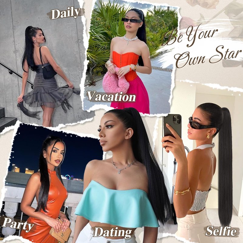 BARSDAR Black Ponytail Extension - 34 Inch Drawstring Long Straight Ponytail Hair Extensions Synthetic Fake Pony Tails Hairpieces Clip in Ponytail Extension for Women Girls Daily- Jet Black