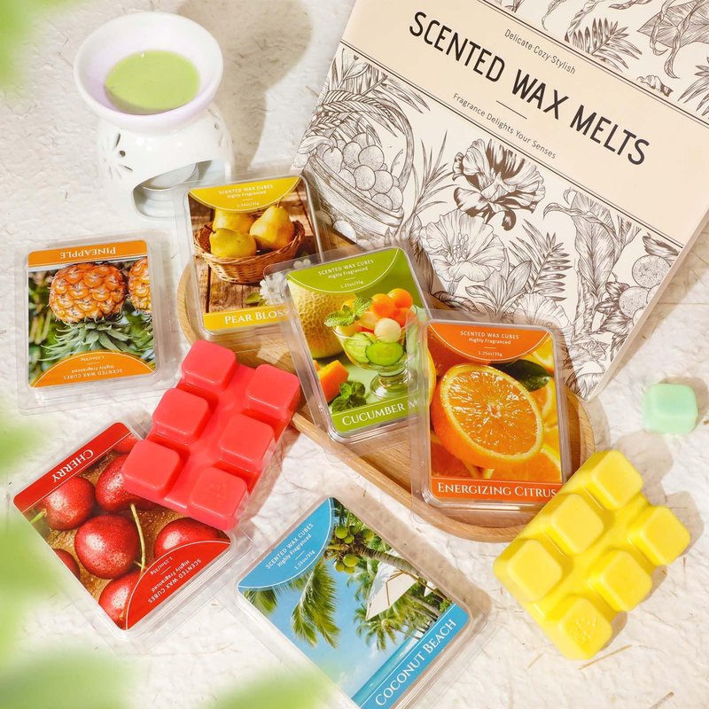 STRN Wax Melts, Soy Wax Cubes 6 Scents Cucumber Melon, Coconut Beach, Pear Blossom, Energizing Citrus, Spring and Summer Scented Long-Lasting Home Fragrance for Wax Warmers, Yoga, 1.25 OZ * 6 Packs