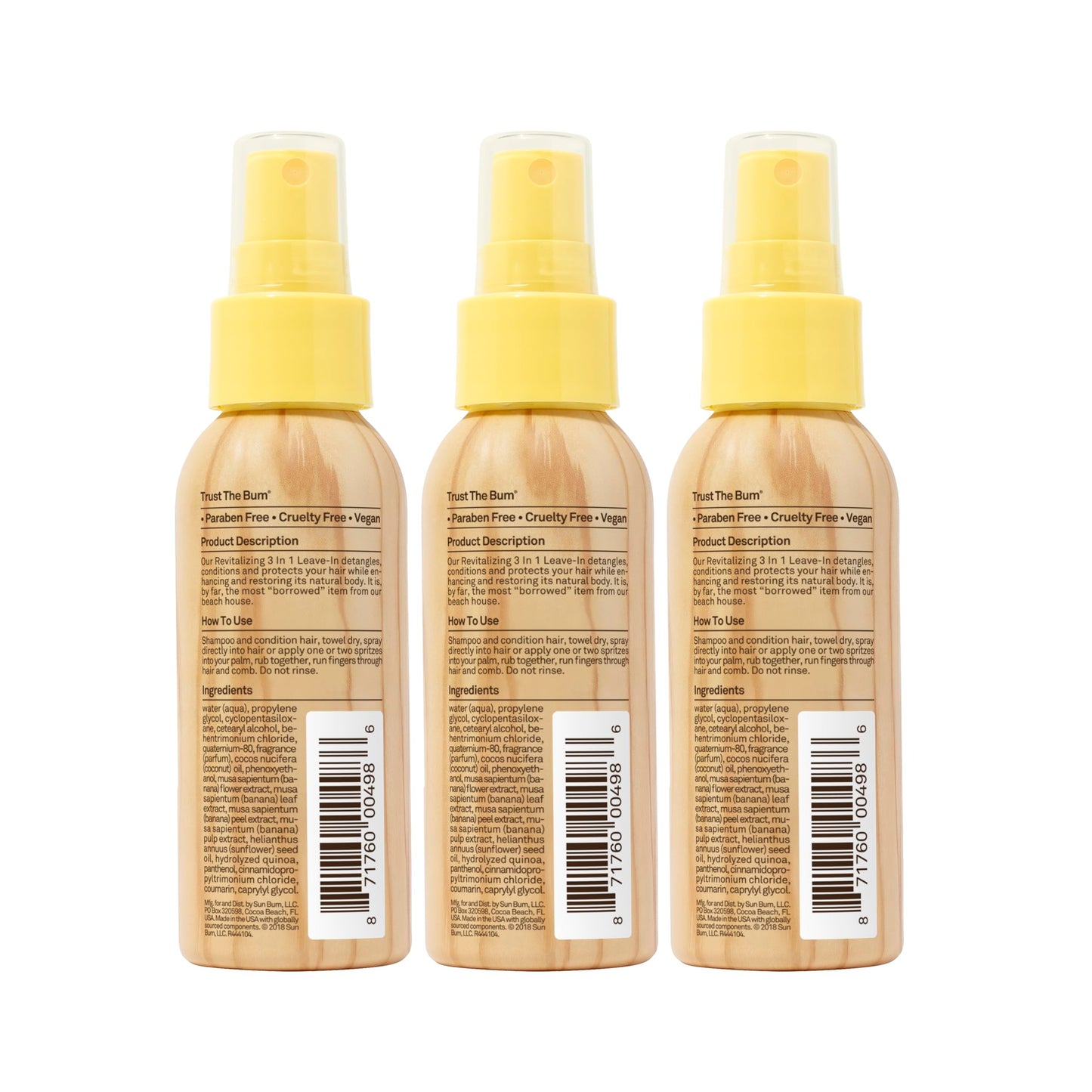 Sun Bum Revitalizing 3 in 1 Leave In Conditioner - Anti Frizz Detangler - Color Friendly with UV Protection - Enriched with Coconut Oil and Banana - Travel Friendly 1.5 oz (Pack of 3)