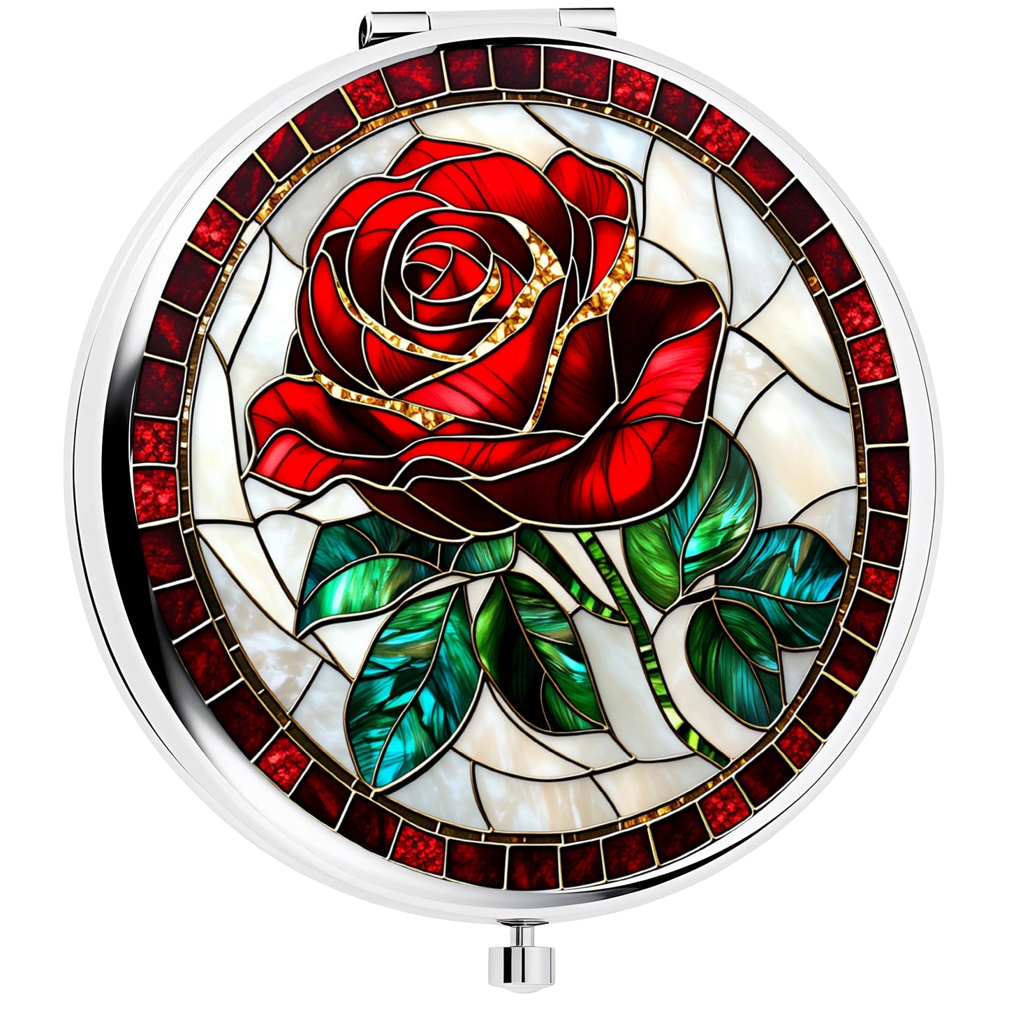 Silver Compact Mirror, 2.8x2.8inch Double-Sided Folding Makeup Mirror with Red Rose Stained Design, Ideal Gift for Women