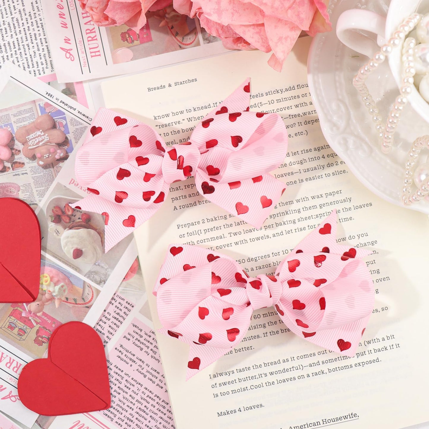 YanJie 4'' Hair Bow Clips Love Heart Hair Clips Valentines Hair Accessories Red Pink Bow Hair Barrettes Heart Print Boutique Alligator Toddler