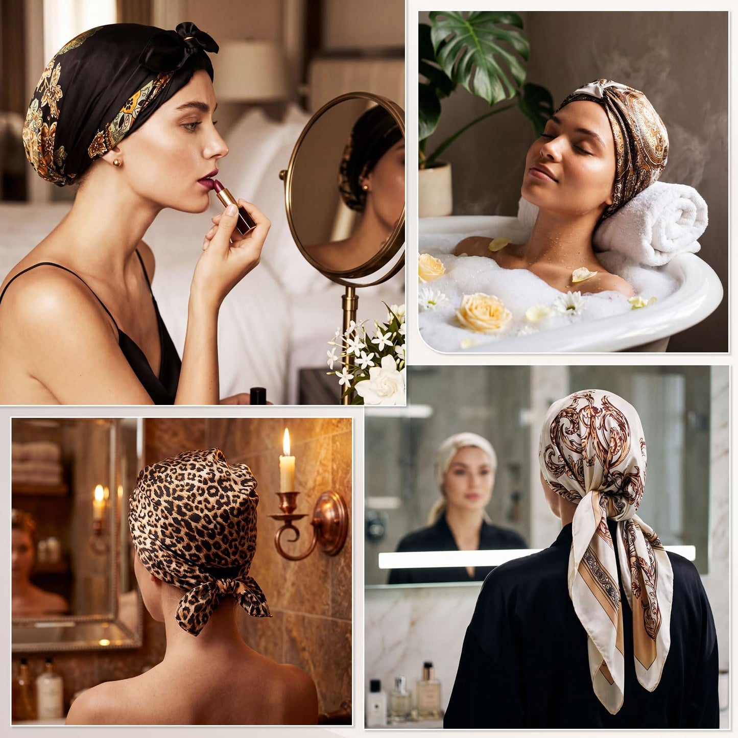 Funnysoft 4 Pack Wrap Cap Hair Net with Scarf 2 in 1 Heatless Satin Silk Press Doobie Hair Wrap Cap Non-slip Soft Mesh Bonnet for Sleeping Scarf Shower Caps
