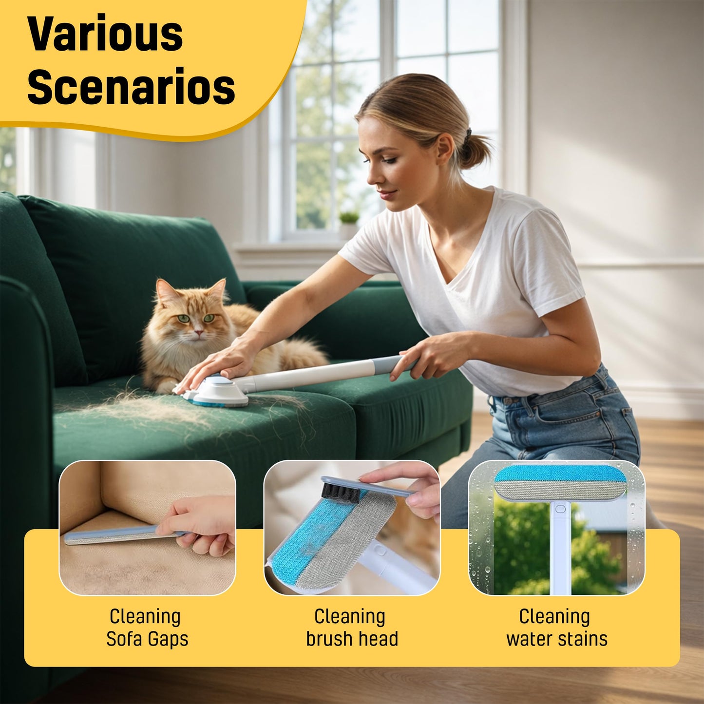 Smakpro Cat Hair Remover Gloves with 19" Adjustable Handle Brush - Five Finger Magic Gloves | Reusable Pet Fur Remover Mitt | Dog Hair Removal Electrostatic Tool for Lundry Carpet Bedding Clothes