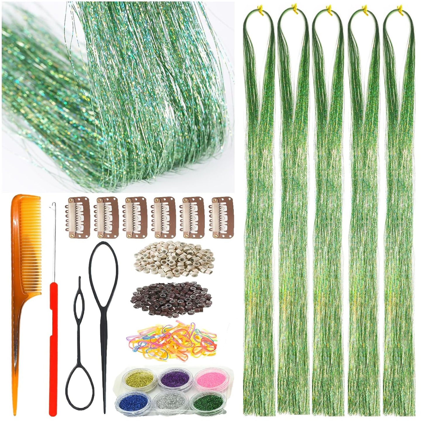 CelineBella Hair Tinsel - Emerald Green 48-Inch Glitter Strands | Sparkling Highlights for Parties & Cosplay