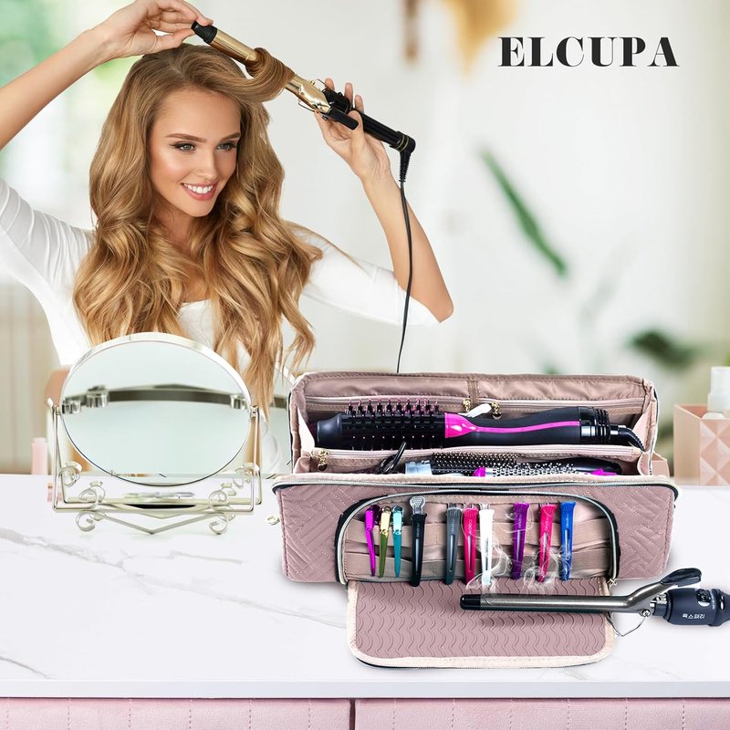 Large Hair Tools Travel Bag - 2-in-1 Organizer with Iron Mat for Hair Dryers, Curling Irons & Makeup | Ideal for Travel Essentials