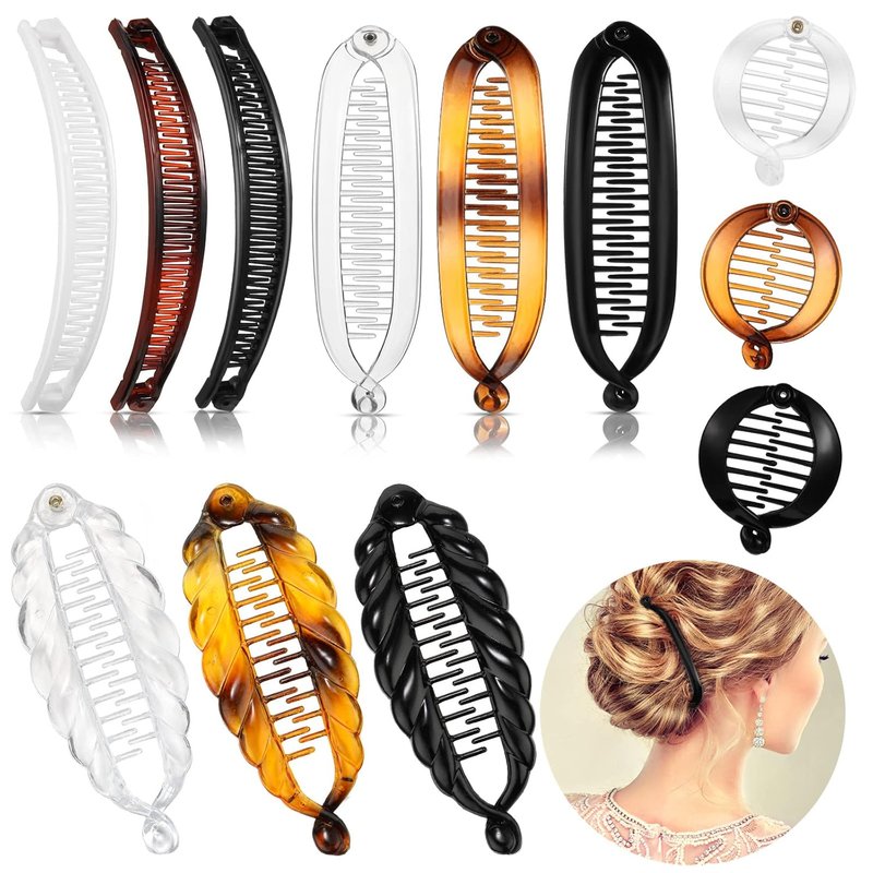 12 Pcs Banana Clips for Women - Classic Fishtail Hair Holders | Tortoiseshell, White, Clear, Black
