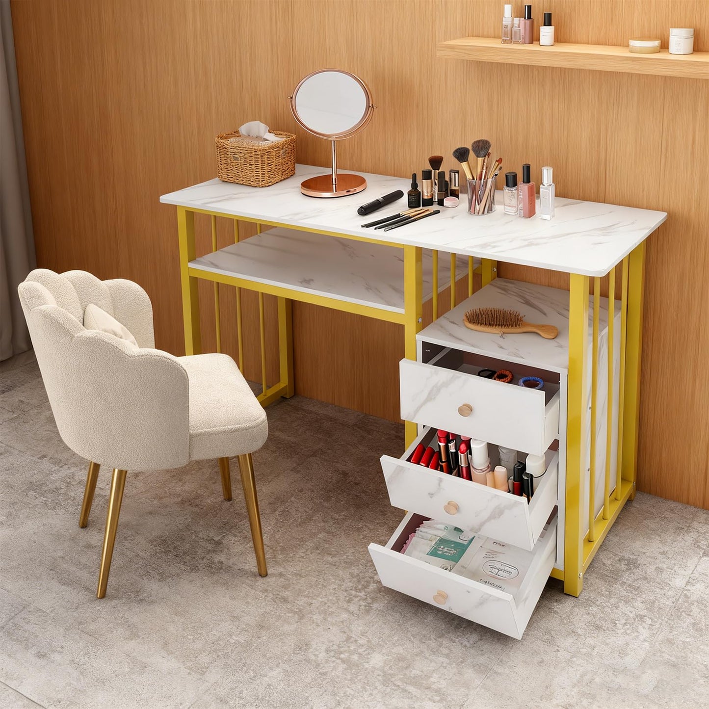 BuufuS Marbling Texture Manicure Table, 3 Drawers Manicure Desk Steel Frame Utility Nail Tech Desk with Black Foot Pads for Living Rooms Commercial Nail Salons(Gold White)