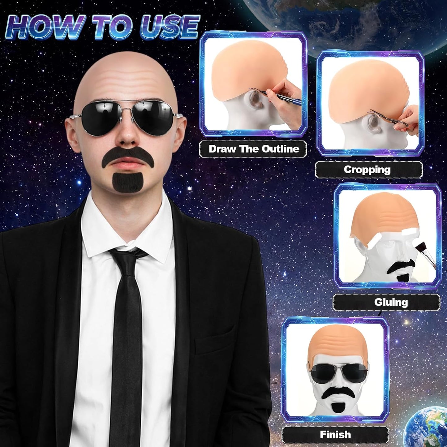 Bald Caps Set - 9 Pcs Costume Accessories for Men & Women | Includes White T-Shirt, Sunglasses, Tie & Mustache