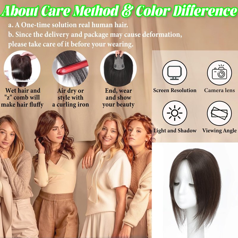 Hair Toppers for Women - Real Human Hair 14 Inch Clip-In Scalp Topper | Light Brown 360° Coverage