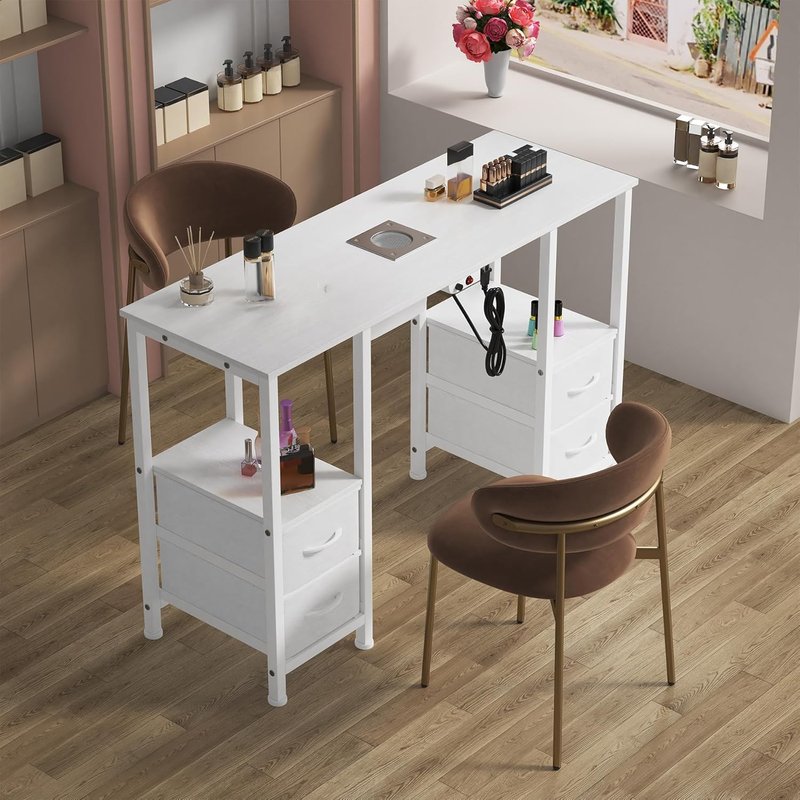 Manicure Table for Nail Tech - Professional Nail Station with 4 Storage Drawers & Dust Collector | White