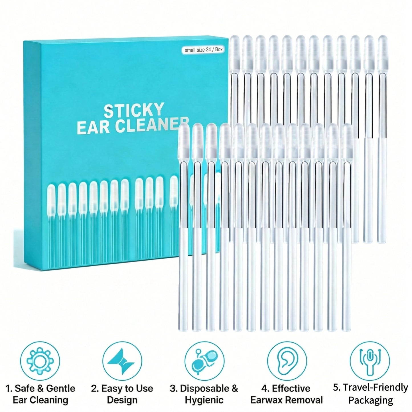 Sticky Cleaning Ear Stick, Gentle Reusable Soft Spiral Head Adhesive Ear Pick for Safe Ear Cleaning, with Gentle Removal Stick for All Ages (4mm-24 pcs)