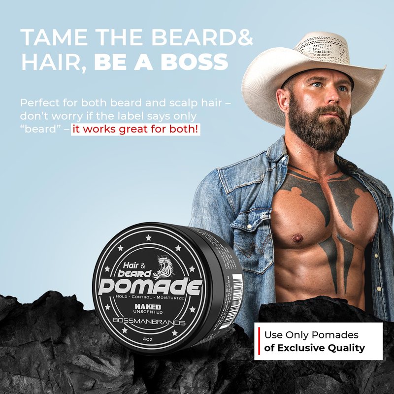 Bossman Hair & Beard Pomade for Men (Naked - Unscented) – Medium Hold & Moisturizing for Hair, Beard & Mustache Styling – Made in USA