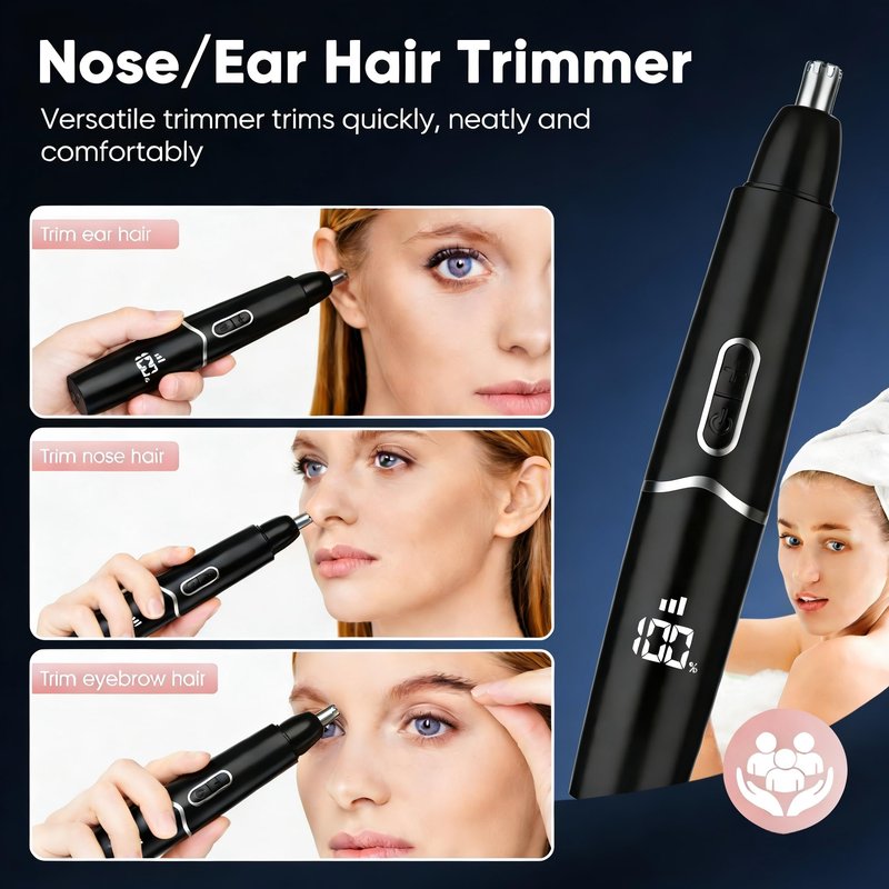 Ear and Nose Hair Trimmer with LED Display for Men Women, Painless USB Rechargeable Eyebrow & Facial & Nose Hair Trimmer Clipper, 10000 RPM Precision Tool Professional IPX7 Waterproof Dual Edge Blades