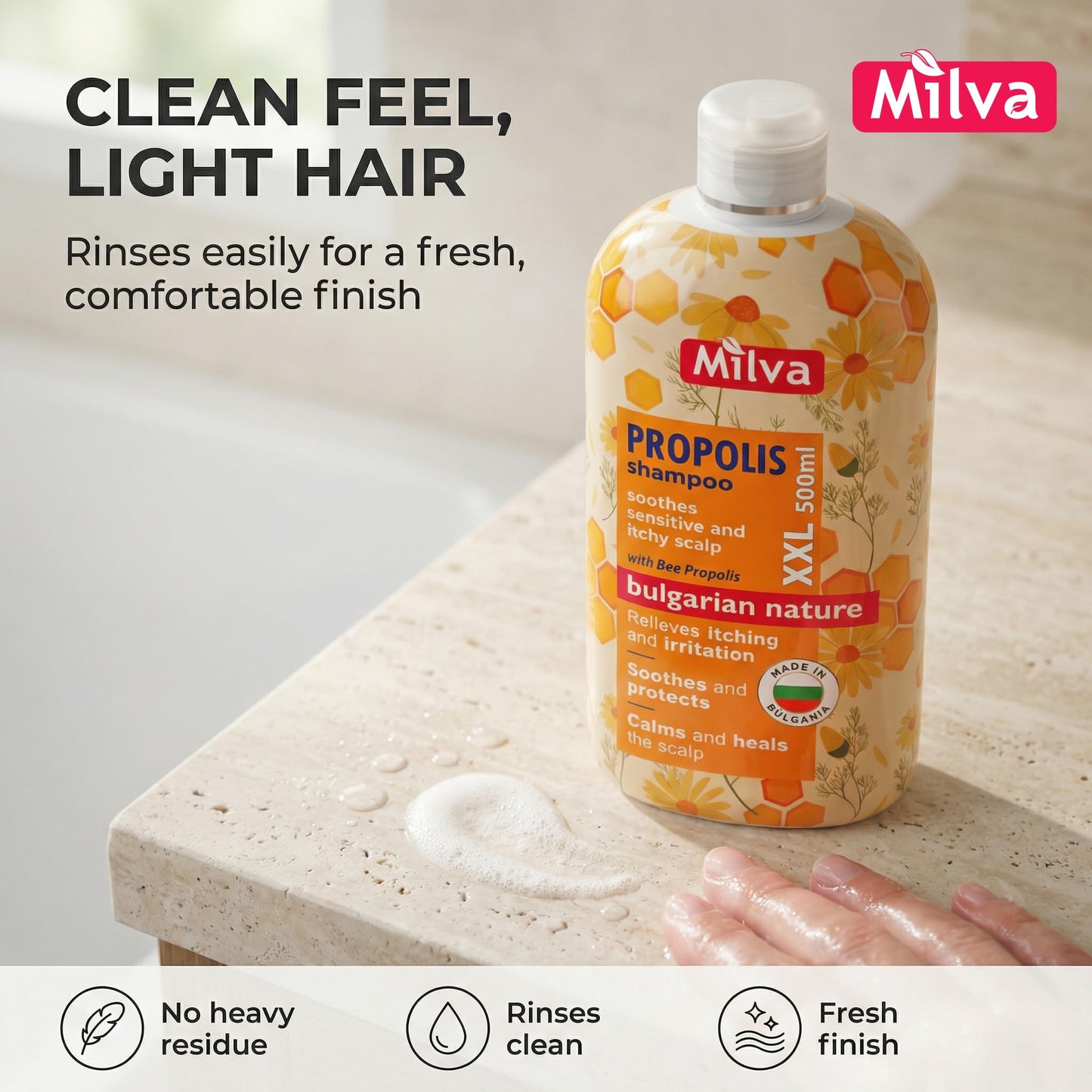 Milva Itchy Scalp Shampoo with Propolis - 6.7 Fl Oz Honey Bee Propolis Shampoo - Itchy Scalp Treatment & Anti Dandruff - Strengthens, Prevents Breakage & Protects Hair - Made in Bulgaria - 200ml