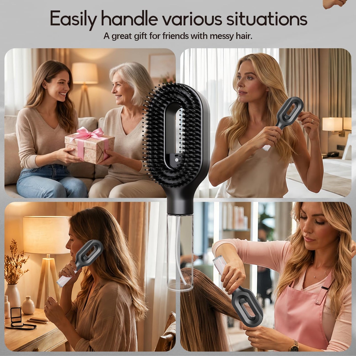Misting Detangling Brush with Fine Continuous Spray, Anti-Static Mist Comb for Wet & Dry Hair, Frizz & Flyaway Control for Straight, Curly & Thick Hair, Black
