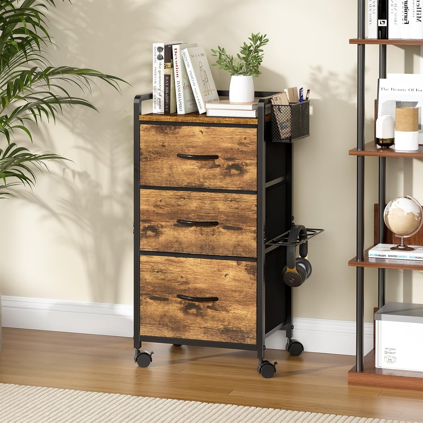 Rolling Salon Trolley Cart - Mobile Hair Stylist Station with Metal Tool Holder & 3 Fabric Drawers | Rustic Brown