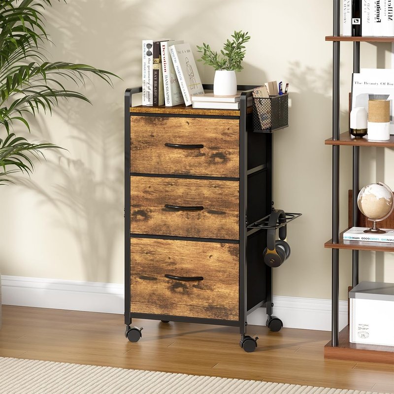 Rolling Salon Trolley Cart - Mobile Hair Stylist Station with Metal Tool Holder & 3 Fabric Drawers | Rustic Brown