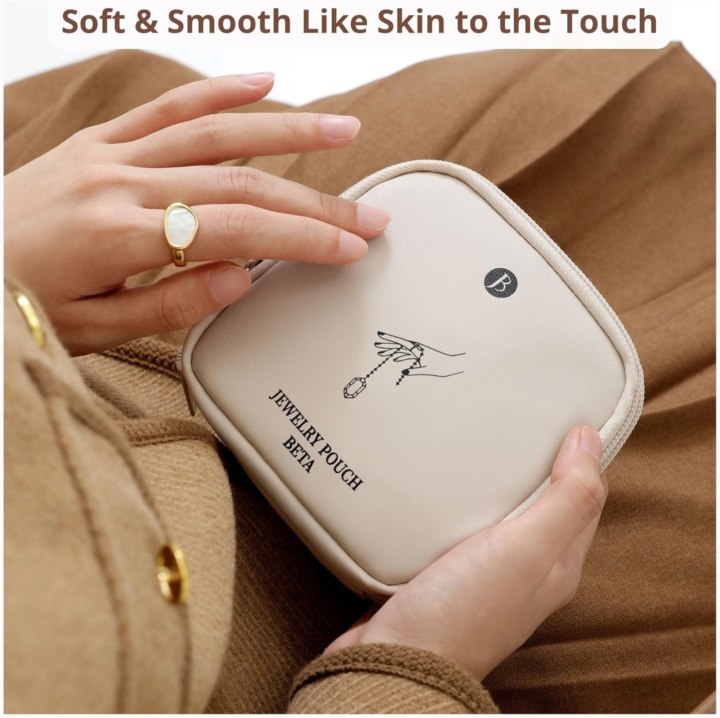 Travel Jewelry Case - Tangle-Free Waterproof Organizer for Women | Beige Double Zipper Gift Box