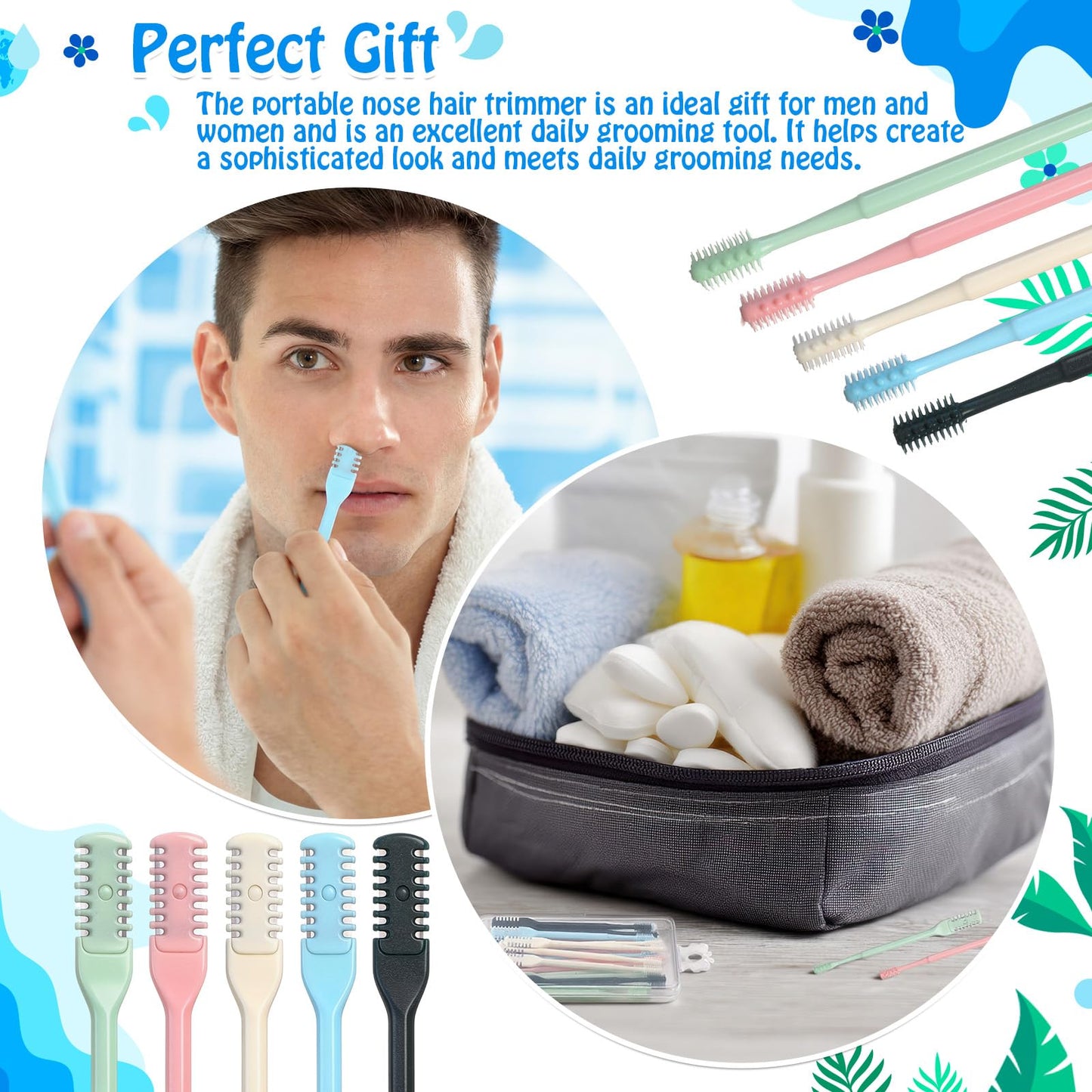 Lanties 48 Pcs 2-in-1 Nasal Hair Cutter Double Sided Nose Hair Trimmer Bulk for Women Men Portable 360° Rotating Manual Nose Nasal Knife Soft Cleaning Brush Box Package Multicolor