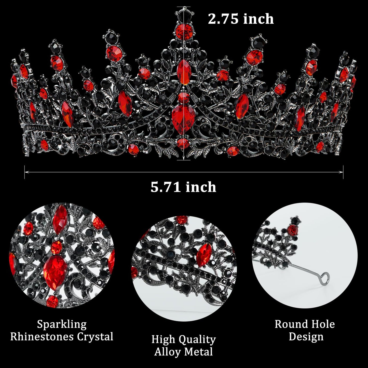 Gold Crown for Women Crystal Princess Tiaras Rhinestone Queen Headband Wedding Bridal Hair Accessories Birthday Prom Pageant Party Coming of Age Ceremony Photo Props (Black&Red2)