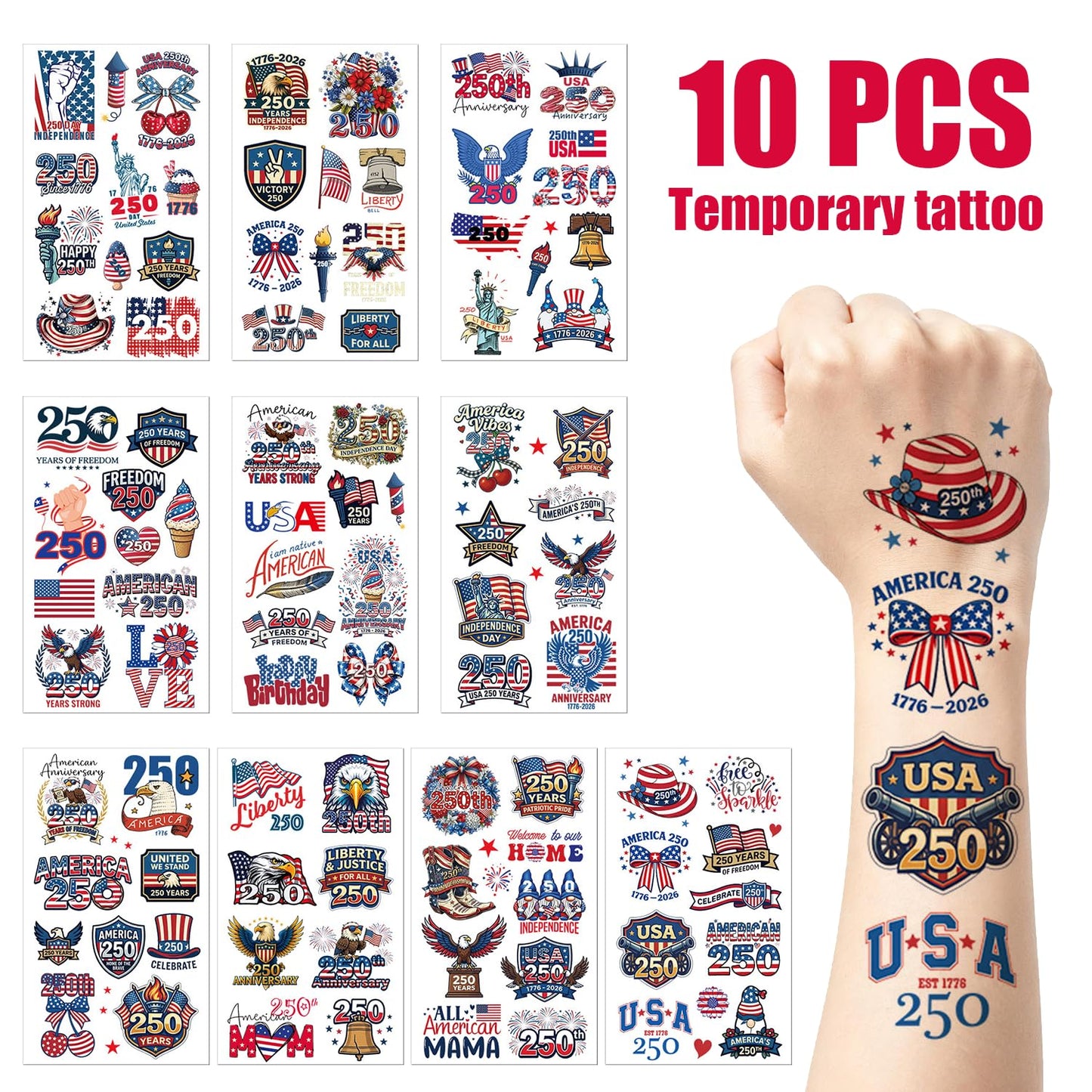 250th Anniversary Temporary Tattoos Set-100 pcs 4th of JulyPatriotic USA 1776–2026 Birthday Tattoos for Adults & Teens,America 250 Decorations Independence Day Party Favors