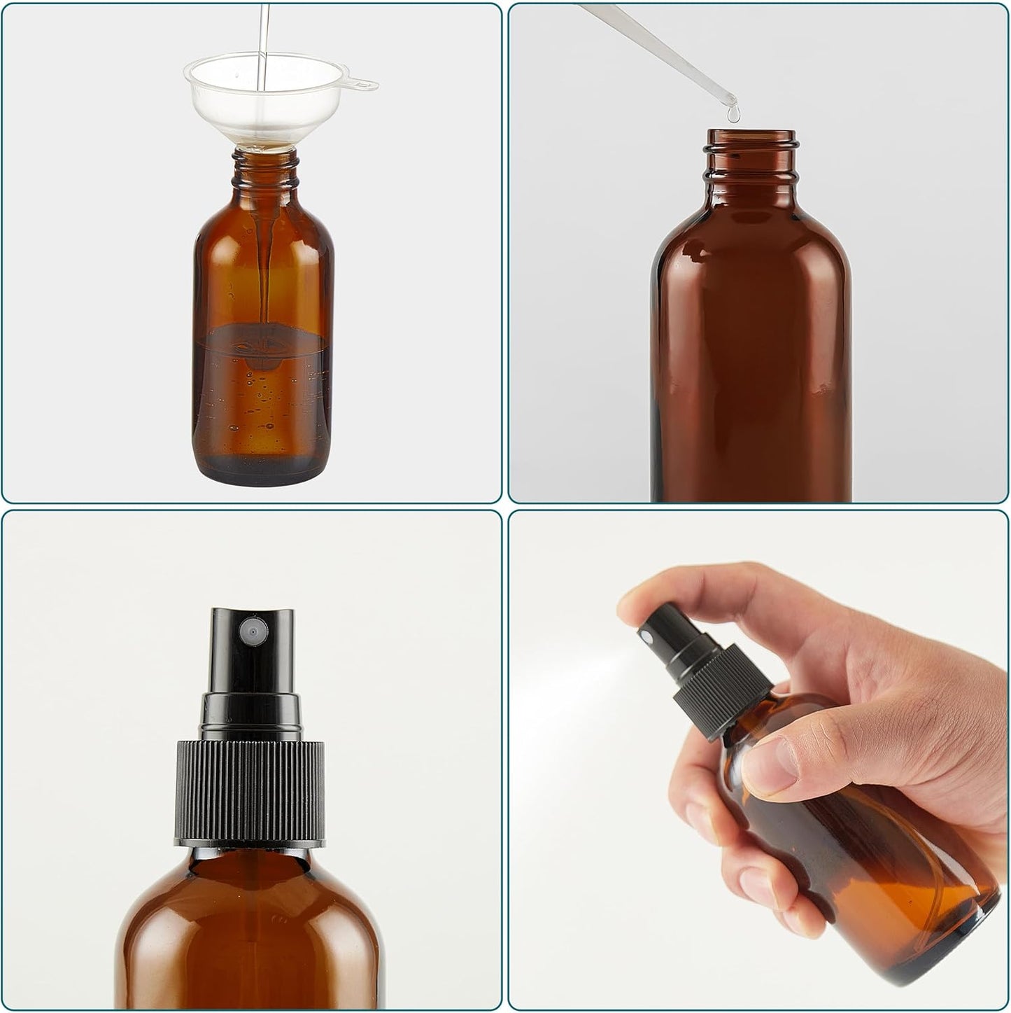 Dark Amber Glass Spray Bottles - 4 oz Fine Mist Bottles for Essential Oils, Hair, Face | 4 Pack