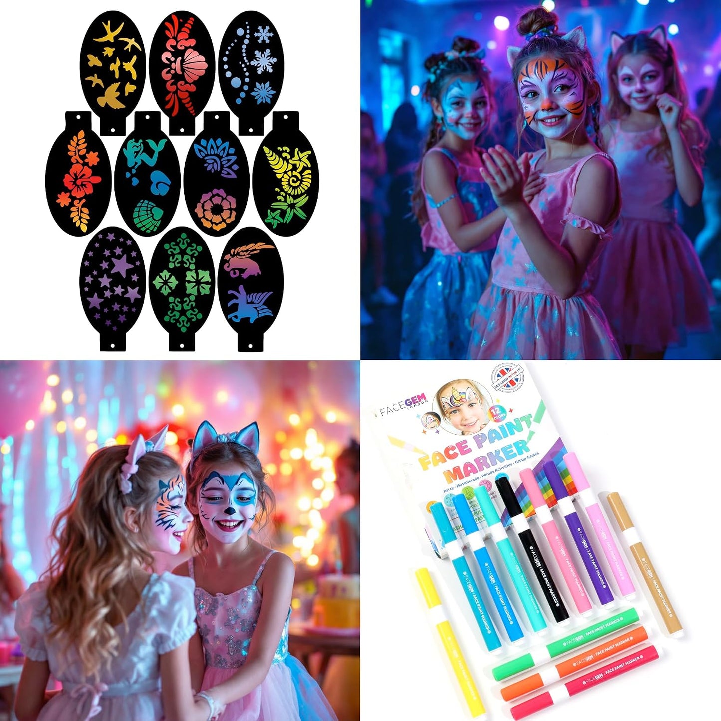 Water-Based Face Paint Kit - 12 Vibrant Colors, Fast-Drying & Washable | Mess-Free Stencils for Festivals & Parties