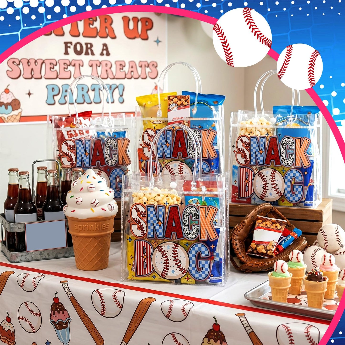 Wesnoy 20 Pcs Baseball Snack Bags with Handles Reusable Cool Baseball Goodie Bags for Team Candy Birthday Party Supplies 8 x 8 x 3.15''