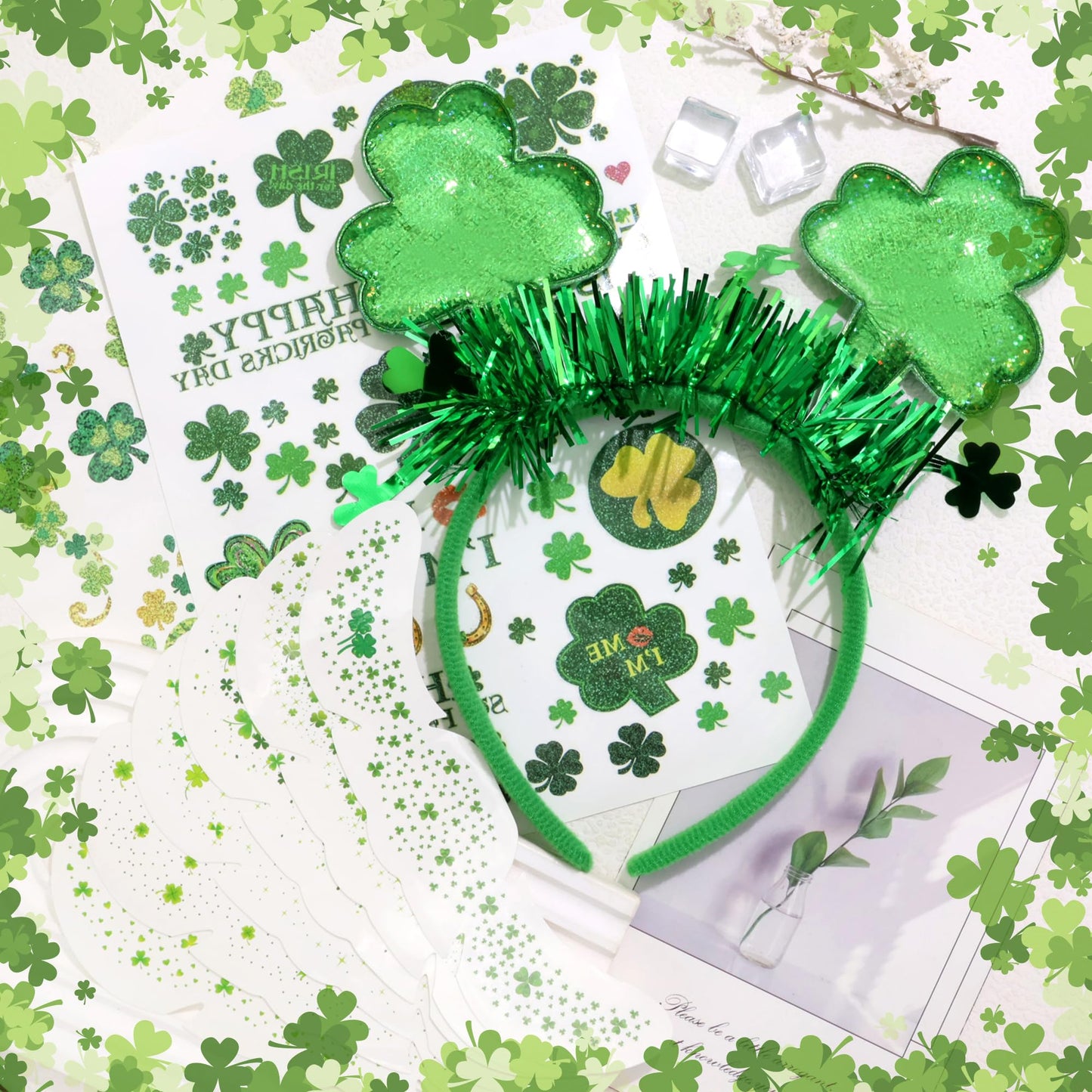 STGDAK St. Patrick's Day Headbands Shamrock Hair Bands Glitter Green Sequin Head Band Clover St. Patrick's Day Hair Accessories For Women Girls Hair Face Irish Party Favors