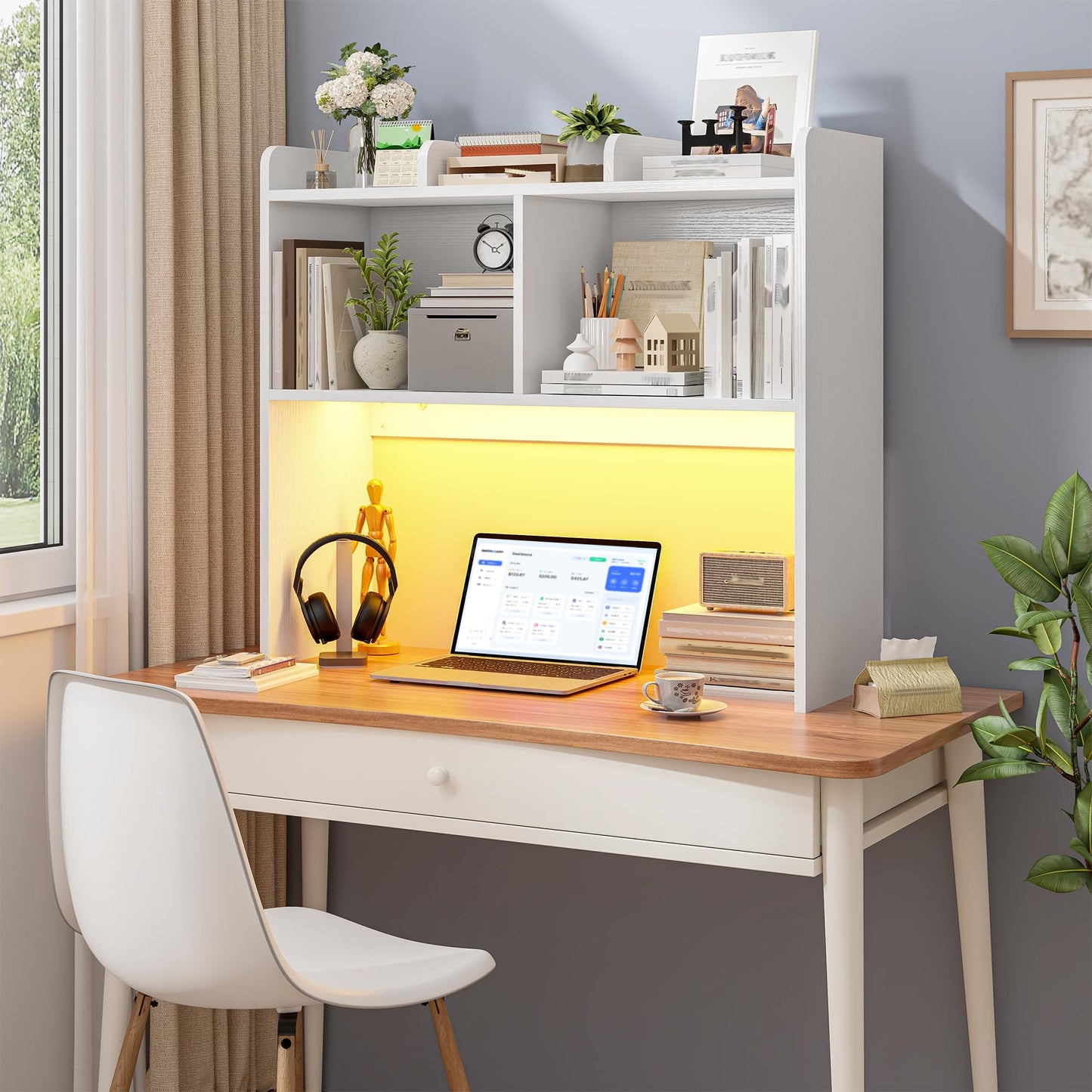 REIBII Desk Hutch Dorm for Computer Monitor Up to 27", Dorm Desk Hutch Top Only with RGB Light Strip, Wooden Desktop Bookshelf with 6 Shelves, 3-Tier Desktop Shelf for Home Office Dorm, White