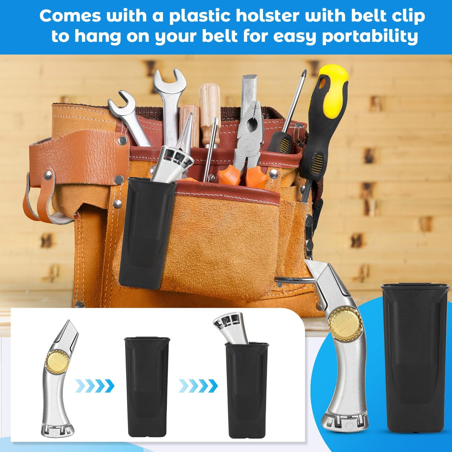lizenoz 2PCS Silver Fixed Blade Roofing Knife Utility Knife with 3 functions for 6 blades Box Cutter with Holster Belt Clip Roofing Tools for Carpet, Outdoor Indoor Construction Marking