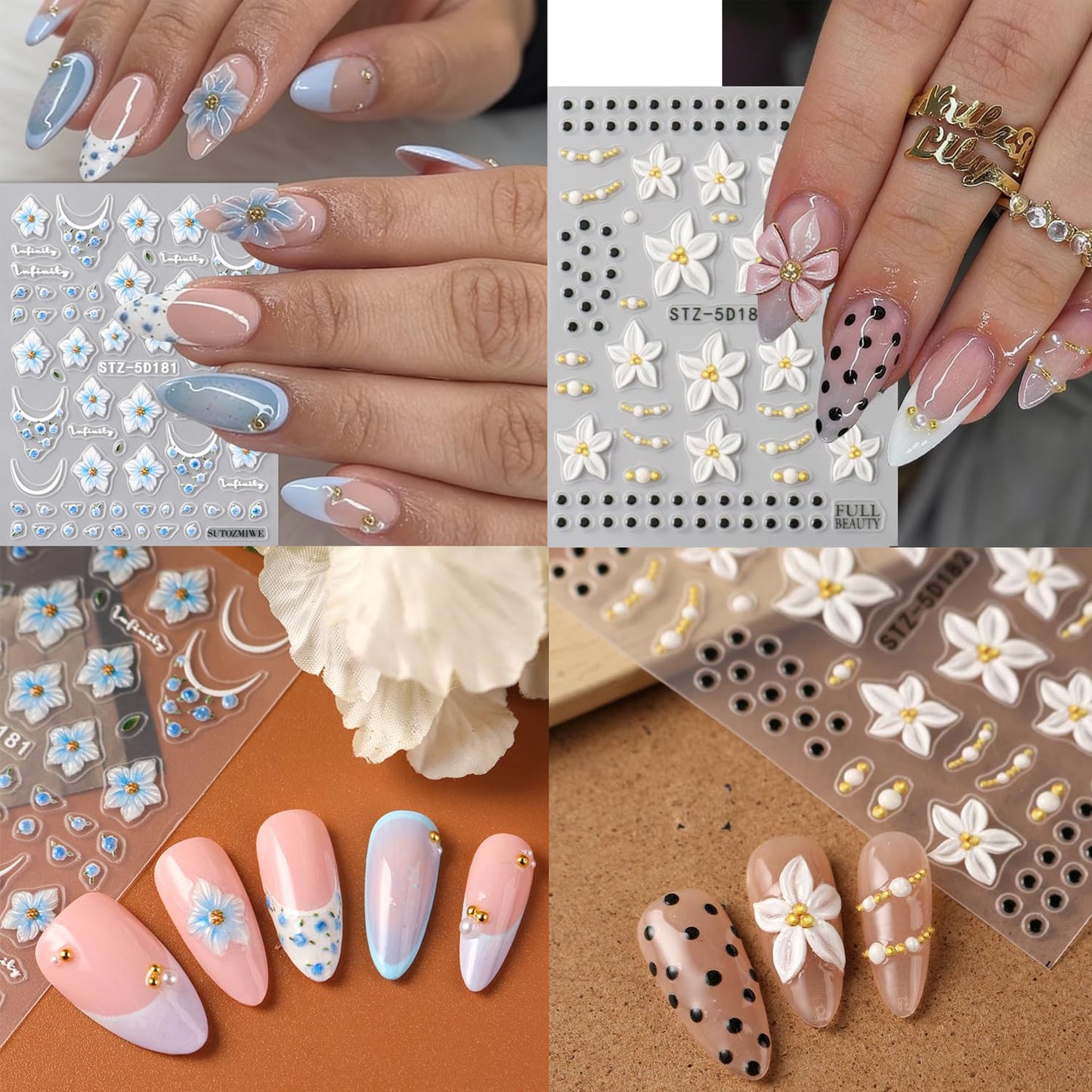 3PCS Spring Blue Flowers Nail Stickers, 5D Embossed Nail Stickers Nail Art Supplies 3D Blue Rose Nail Decals Blue Flower Five-Petal with Frangipani Polka Dot Nail Design French Floral Summer for Women