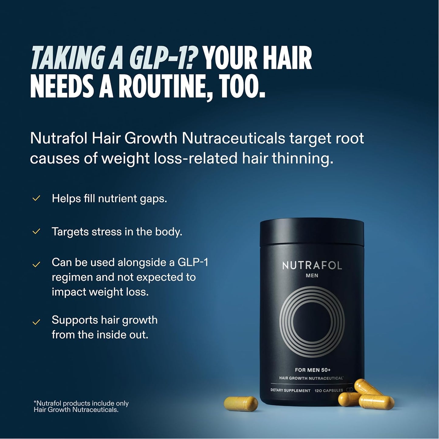 Nutrafol Men 50+ Hair Growth Supplements - Clinically Tested for Thicker Hair | 1 Month Supply, Refill Pouch