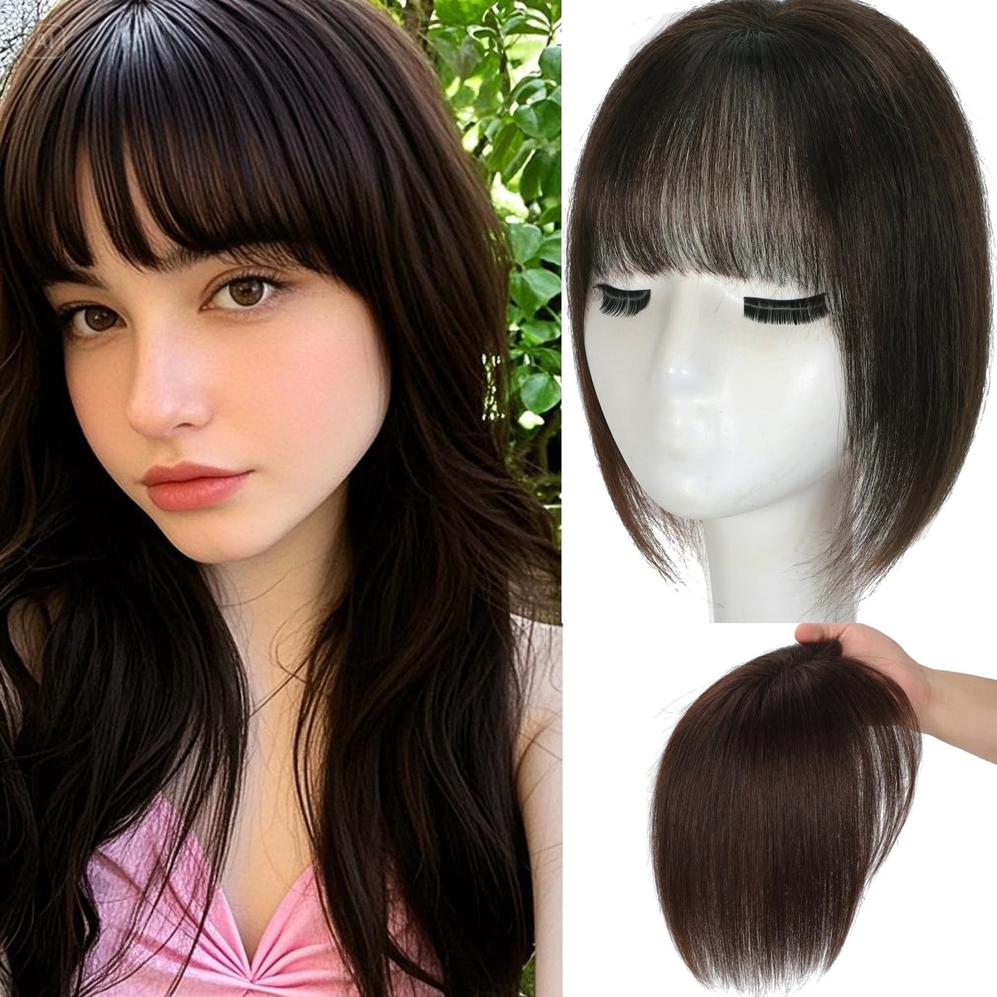 Hair Topper For Women Real Human Hair 10 Inch Super Lightweight Invisible Base Toppers Hairpieces for Women with Thinning Crown Fluffy Breathable for Summer Daily Wear(Mocha Brown, Wispy Bangs)