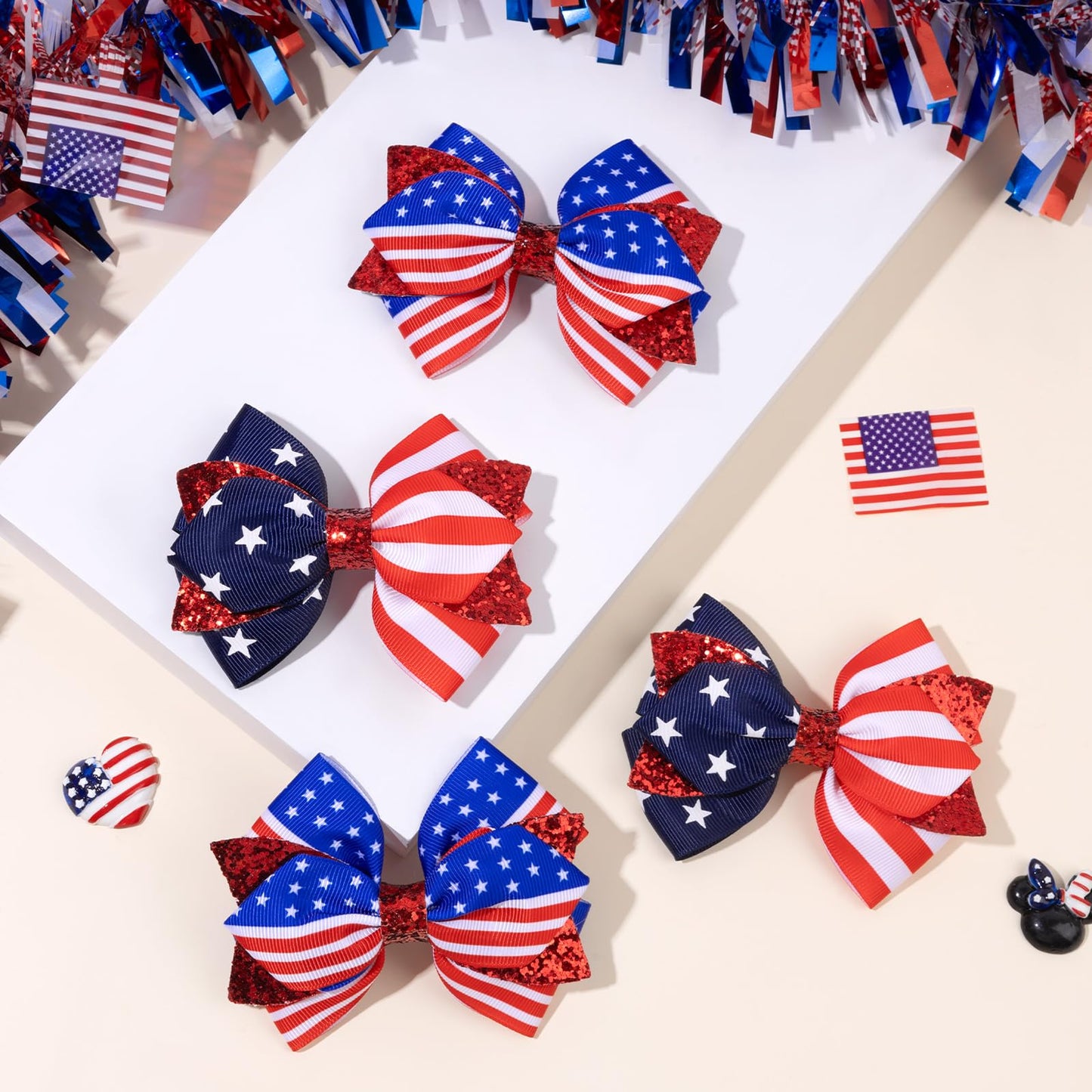 4PCS Glitter American Flag Hair Bows Clips, Sparkly Fourth of July Hair Bows Clips Alligator Barrettes, Patriotic Hair Accessories for Women Girls