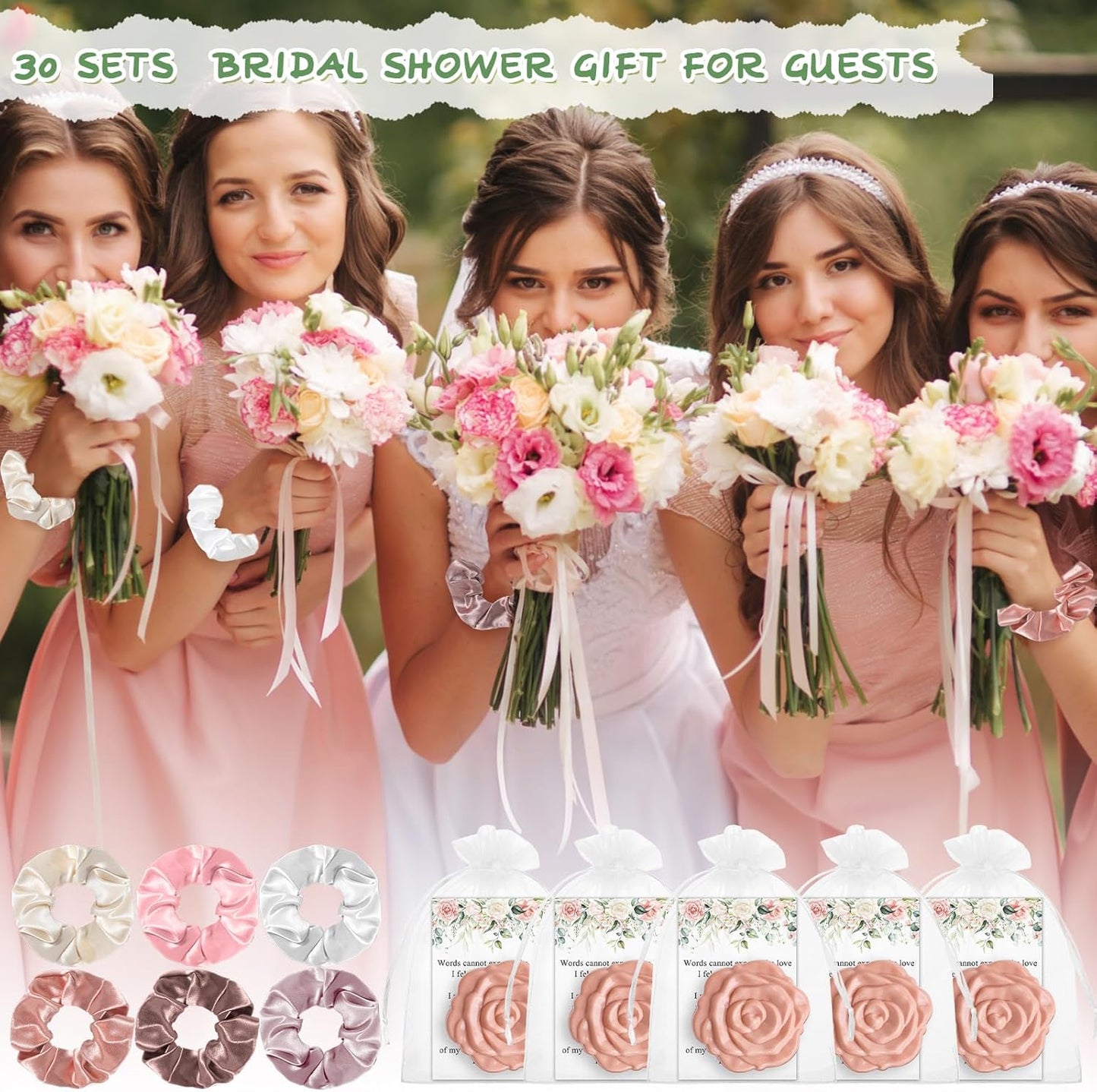 Rose Compact Mirror Set - 30 Bulk Bridal Shower Favors | Pink Souvenir Gifts with Hair Ties & Thank You Cards
