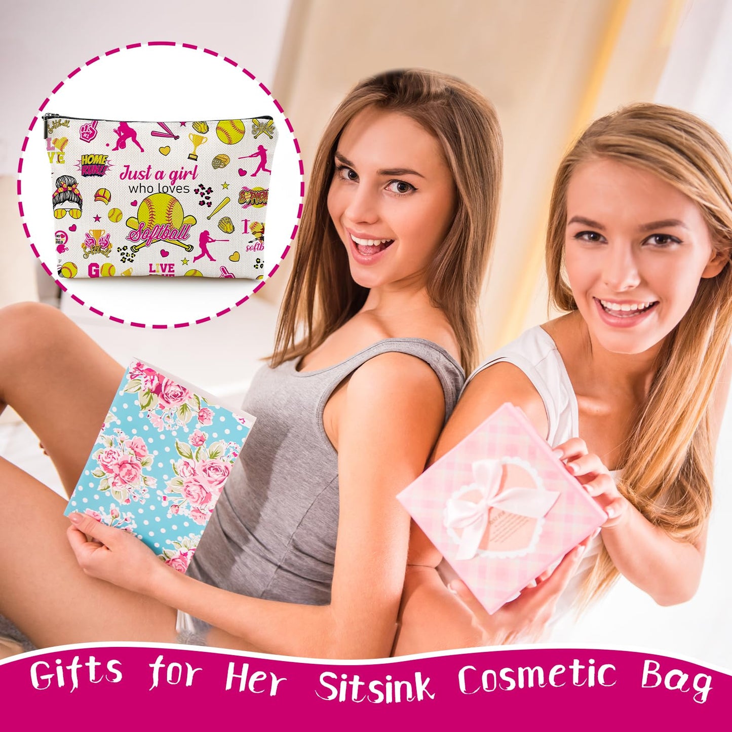 Sitsink Softball Lover Gifts - Just a Girl Who Loves Softball Makeup Bag, Sports Fan Gift Ideas Zipper Pouch
