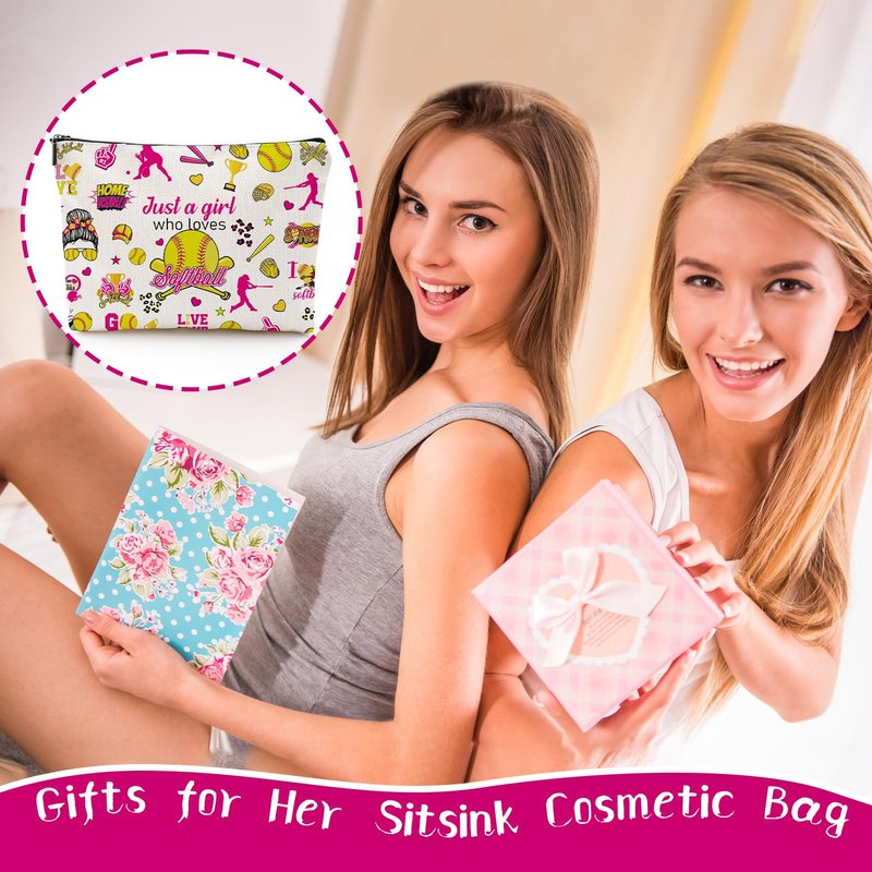 Sitsink Softball Lover Gifts - Just a Girl Who Loves Softball Makeup Bag, Sports Fan Gift Ideas Zipper Pouch