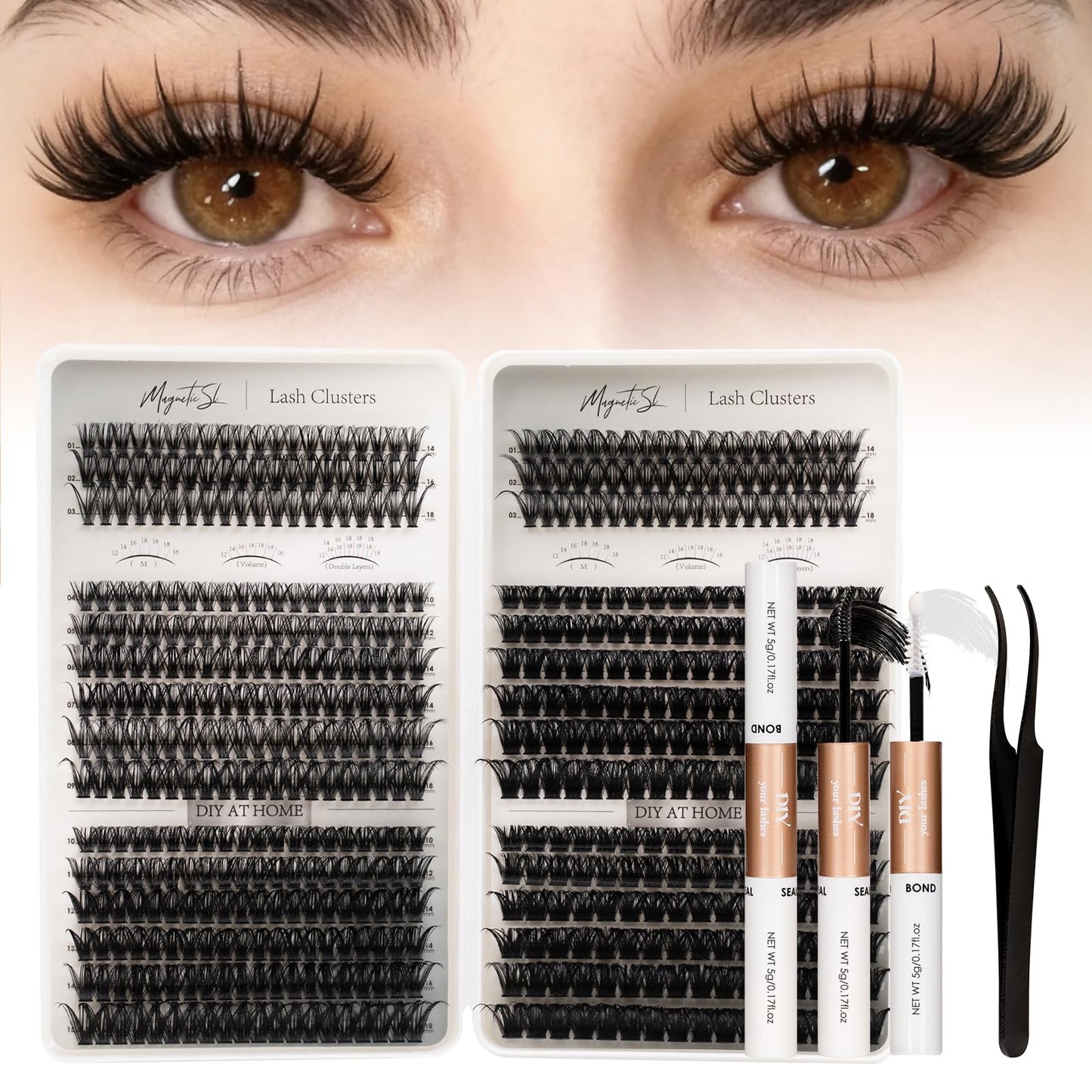 Lash Clusters 564pcs Eyelashes Clusters Extensions Kit DIY Cluster Eyelash Extensions Lash Clusters Kit With Lash Bond and Seal Lash Tweezers 40D+50D+60D+80D+100D+150D