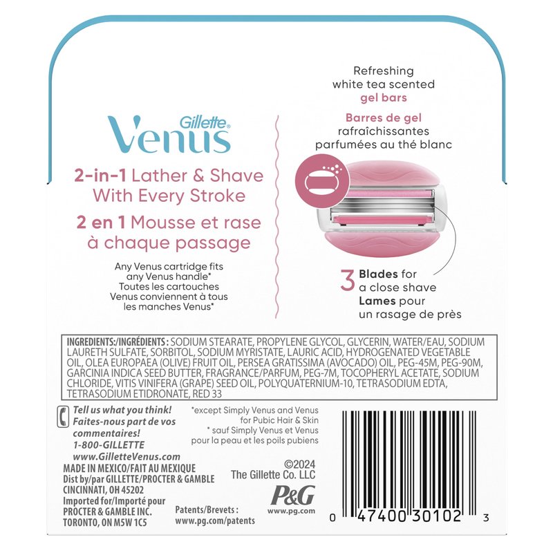 Gillette Venus ComfortGlide White Tea Women's Razor Refills, 4 Refill Cartridges, Fits Venus Reusable Razor Handles, 3-Bladed with Built-in Shave Gel Bars