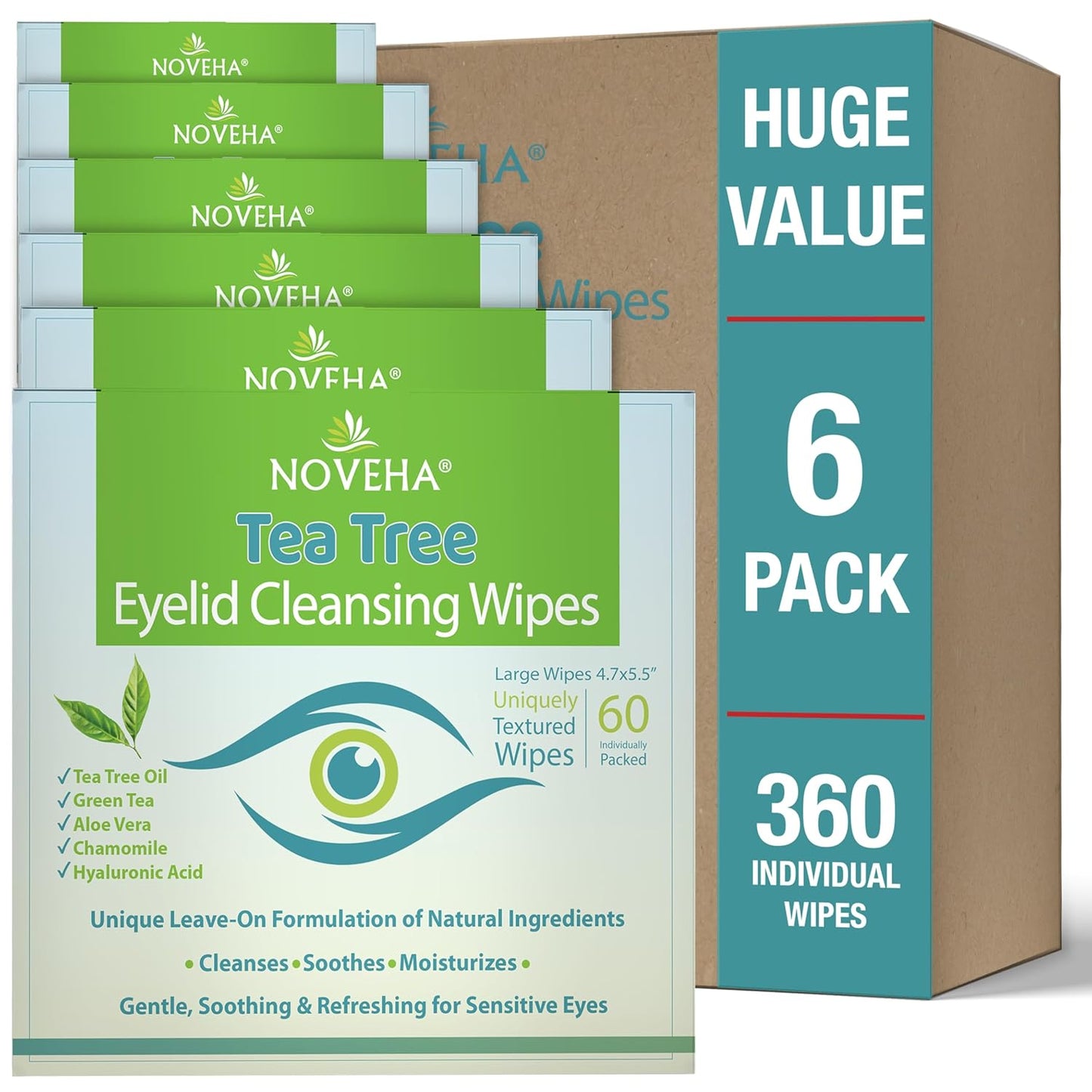 NOVEHA Tea Tree Oil Eyelid & Lash Wipes - Hyaluronic Acid, Green Tea & Chamomile | 60 Individually Wrapped Cleansers for Blepharitis & Itchy Eyes