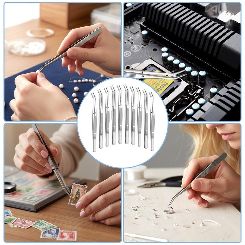 10pcs Tweezers with Curved Serrated Tip Multipurpose Tweezer for Crafting Stainless Steel Forceps Zum Dissection Non Slip Sewing Machine Tweezers for Craft Repairing Cotton Pliers Tweezer